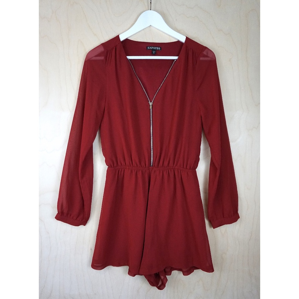 Express Long Sleeve Zip-Front Romper in Red